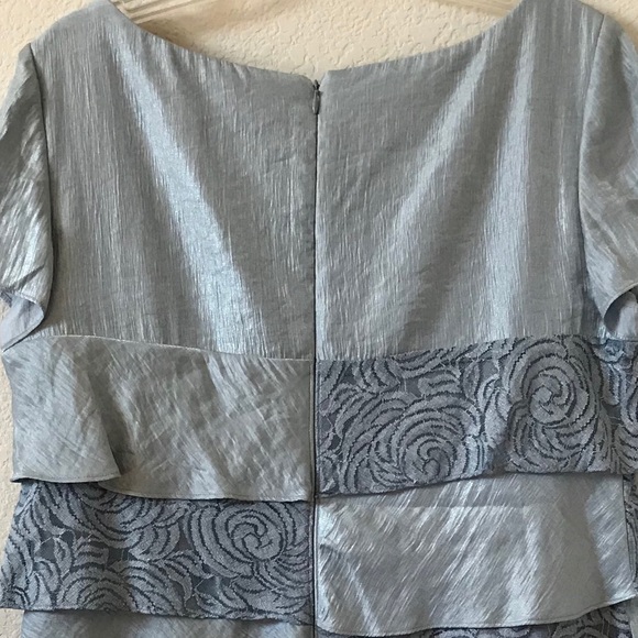 London Times Metallic Blue Lace Trim Ruffle Dress - Picture 11 of 15